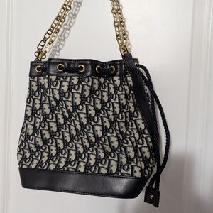 Authentic Christian Dior Oblique Drawstring Chain Bucket Large bag